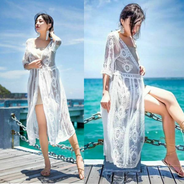

women boho fashion casual see through loose white bikini cover ups beach wear swimwear kimono cardigan, Black