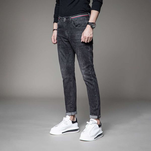 

jeans brand black autumn and winter men's holes korean fashion versatile pants slim little feet elastic, Blue
