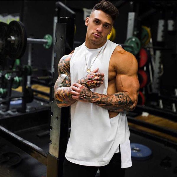 

new men' extend cut off sleeveless shirt gym stringer west blank hip-hop muscle tees bodybuilding tank fitness clothing, White;black