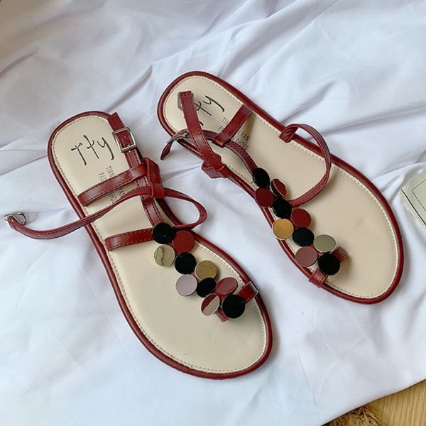 

women sandals 2021 summer bohemia flat open toe fashion metal decoration sequins shoes buckle casual female flip slippers, Black