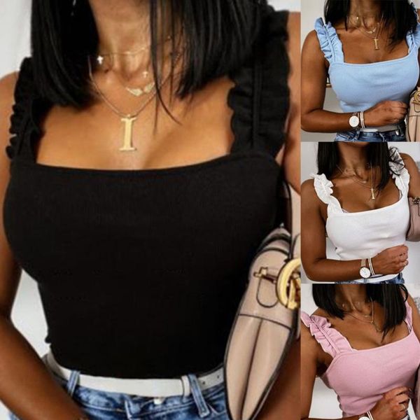 

women's tanks & camis tank women square collar solid knit casual basic summer ribbed slim ruffles, White