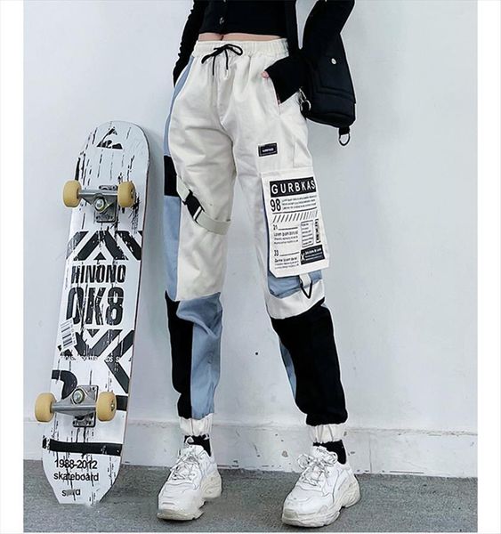 

cotton high waist loose cargo women capri streetwear hip hop vintage straight harajuku trousers female, Black;white
