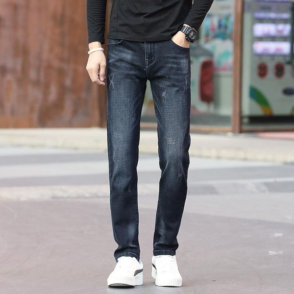 

men's jeans autumn ripped korean slim fit pants trend youth elastic straight patchwork, Blue