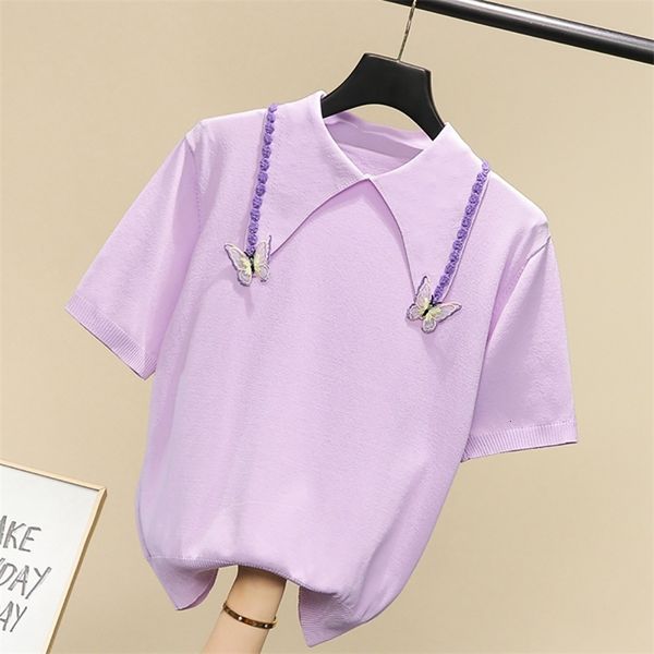 

women's knits & tees korean fashion butterfly thin slim summer sweater woman knitted white pink ladies embroidery short sleev