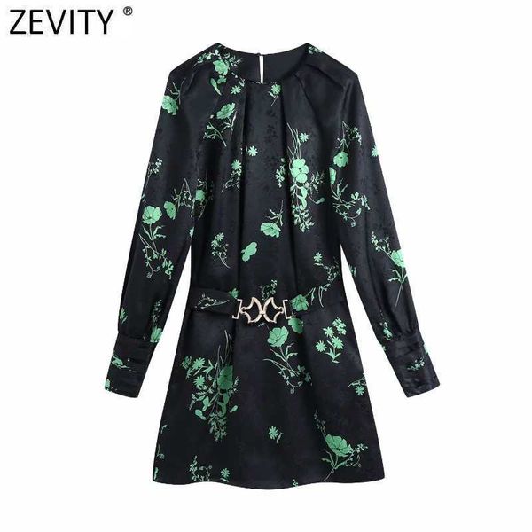 

zevity women vintage pleats o neck green leaves print black satin mini dress female chic sashes kimono party vestido ds5046 210603, Black;gray