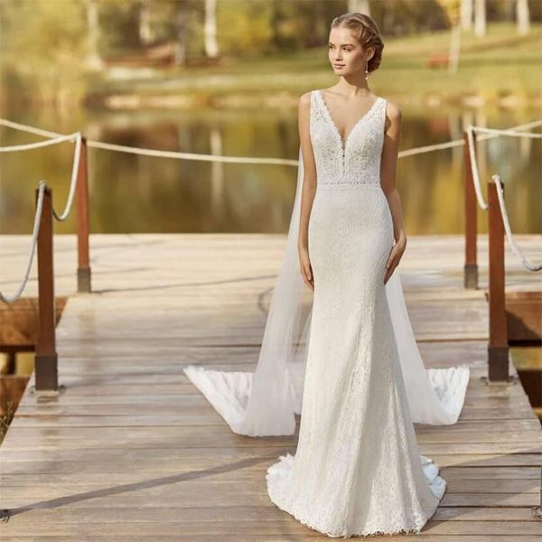 

other wedding dresses beach mermaid lace v neck open v-cut back boho bridal gowns backless vestido de novia 2021, White