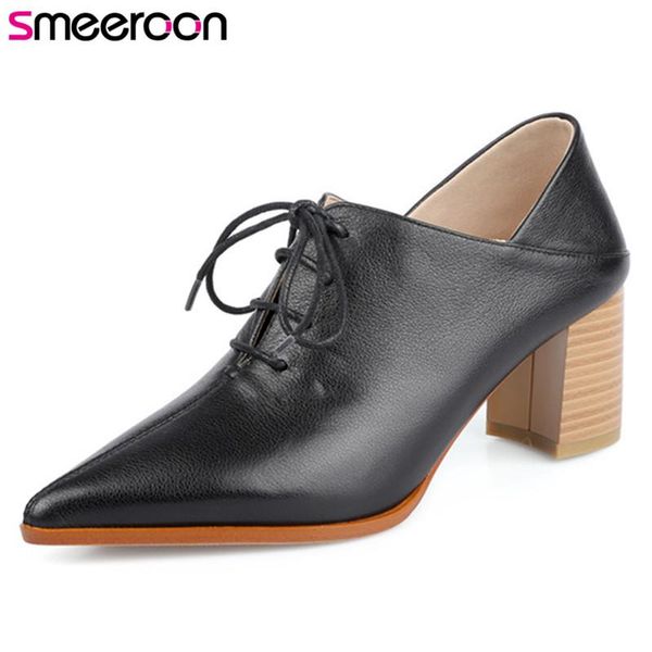 

dress shoes smeeroon 2021 arrive women pumps lace up pointed toe single classic vintage thick heel genuine leather ladies, Black
