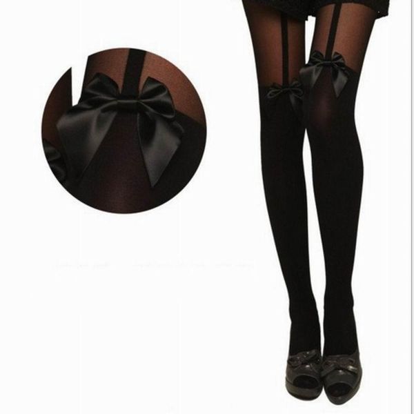 

women's leggings women soft black mock bow suspender tattoo hosiery #00098