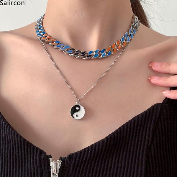 

pendant necklaces trend silver color multi layer chain choker necklace for women men geometric round tai chi adjustable jewelry