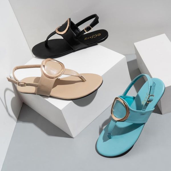 

flat sandals for women2021cross-border new metal round buckle flat sandals heel women, Black