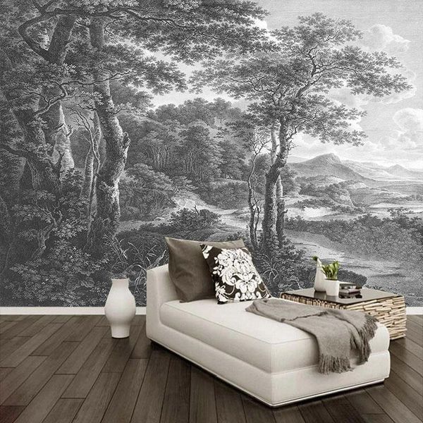 

wallpapers custom po wallpaper retro hand painted black and white forest tree mural living room tv sofa bedroom fresco papel de parede