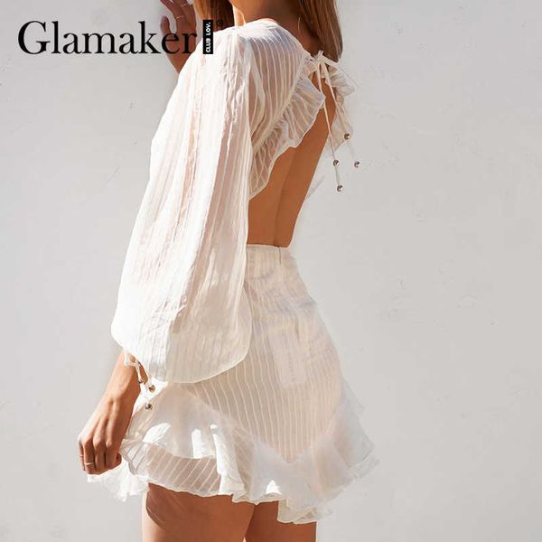 

glamaker backless white mini dress summer autumn ruffle a-line dress holiday beach lace up women elegant fashion shortdress 210706, Black;gray