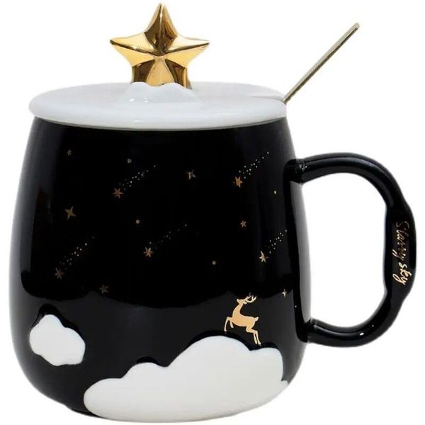

mugs creative elk starry sky personality ceramic coffee mug with lid spoon tea cup breakfast couple christmas gift for friend
