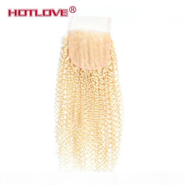 

ove brazilian 613 blonde kinky curly lace closure 4x4 remy human hair closure part with baby hair 130% density curly closure, Black;brown
