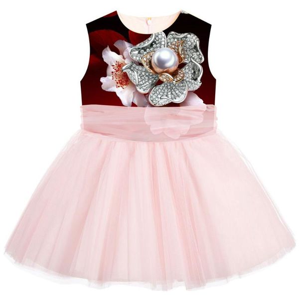 

girl's dresses flower girls for wedding pearl diamond print formal girl birthday party dress princess ball gown kids, Red;yellow