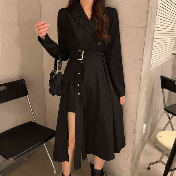 Vintage Punk Bandage Maxi Kleider für Frauen Streetweear Balck Lange Blazer Kleid mit Gürtel Koreanischen Mode Stil Langarm Kleid Y1204