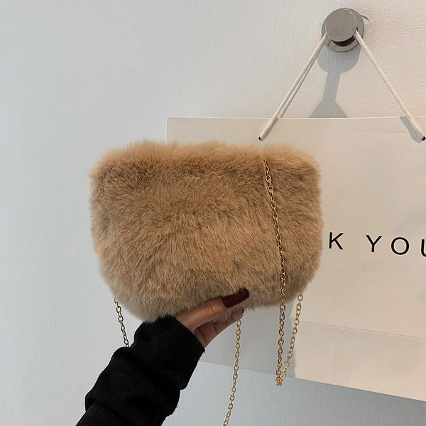 

evening bags fashion chain shoulder bag women winter plush crossbody solid color handbags female brand design phone pack