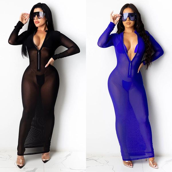 Vestidos casuais bkld zipper front sexy v-pescoço feminino malha sheer manga comprida bodycon festa noite clubwear maxi vestido senhoras bainha 2021