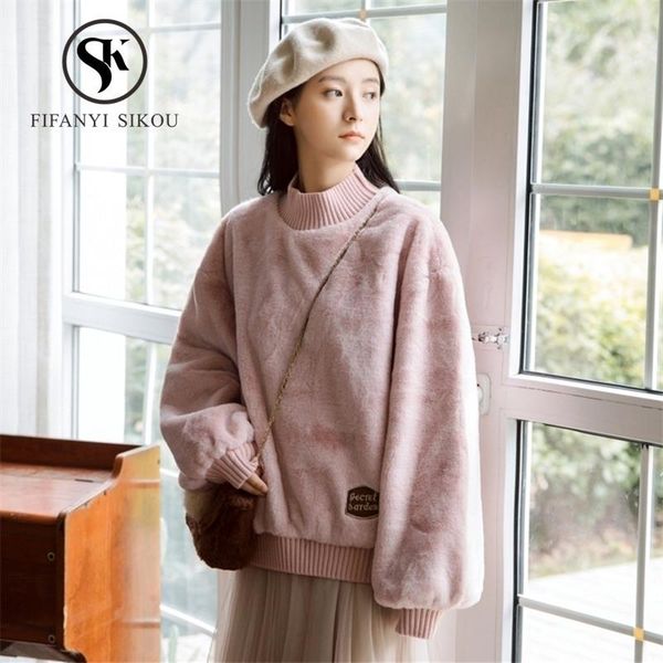 

women's hoodies & sweatshirts 2021 autumn winter womens thick warm sweatshirt lantern sleeve turtleneck pullovers loose cute pink, Black