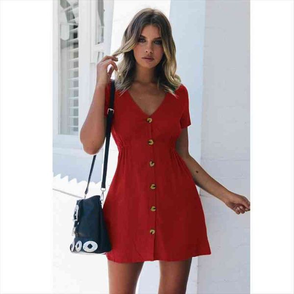 

summer candy color v neck womens dress short black red waist slimming ladies casual button, Black;gray