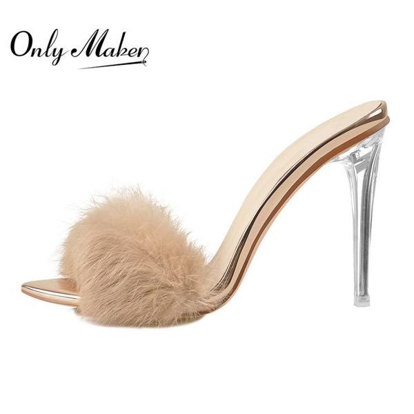 

onlymaker women's peep toe artificial fur mules slip on transparent metal thin heel high sandals big size sandals, Black