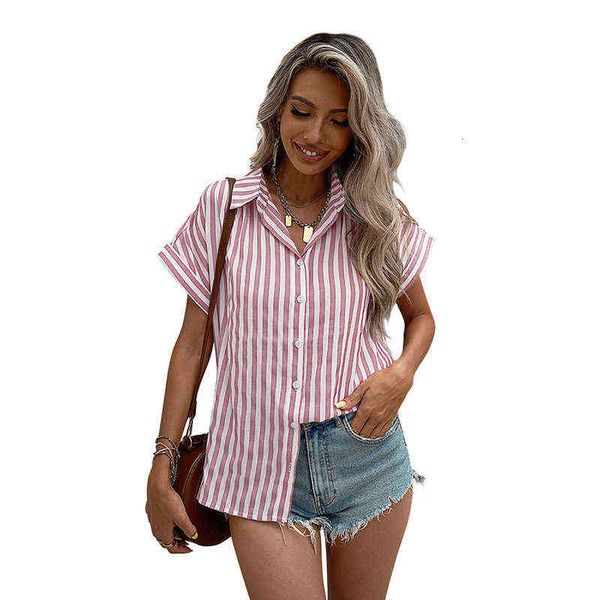 

shiying short sleeve shirt women summer 2021 striped breasted casual, White;black