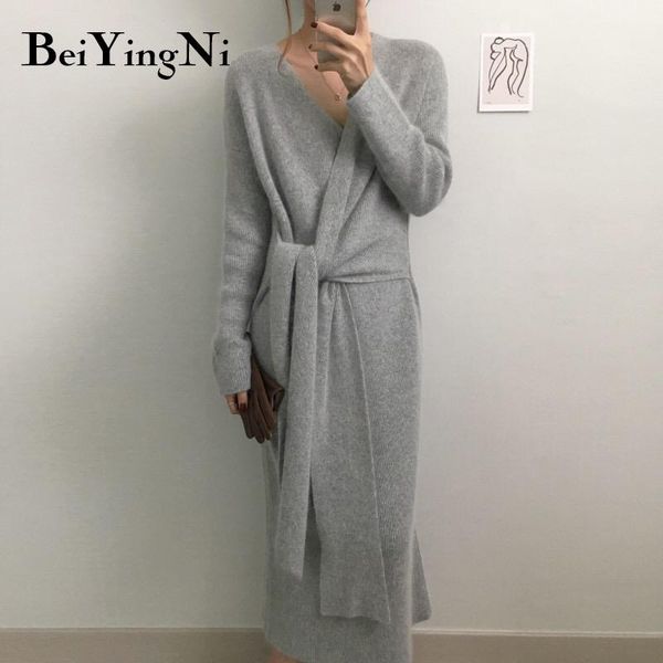 

casual dresses beiyingni knitted dress women lace up chic elegant v-neck slim long maxi fashion french vintage vestidos robe femme cloth, Black;gray