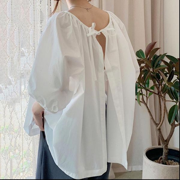 

ewq] 2021 summer new simple o neck pleated design tie loose bow tie three quarter white shirt sweet casual blouse women