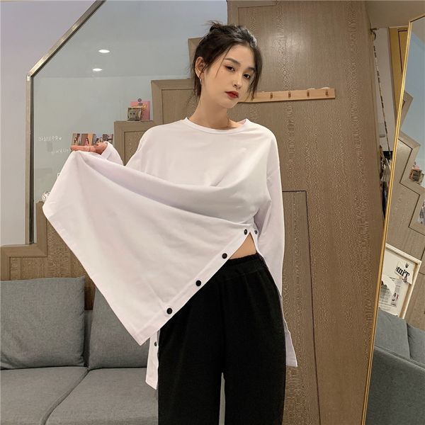 

2021 new mid-length split button long-sleeved t-shirt women's solid color harajuku style autumn ezjl, White