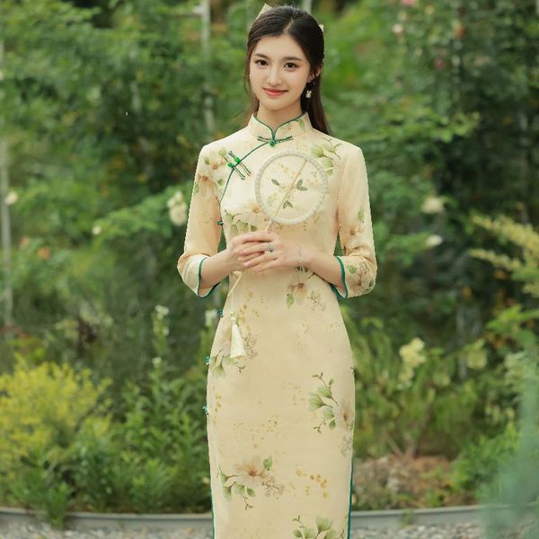 

ethnic clothing young women chinese traditional cheongsam long slim suede qipao banquet dress autumn print floral vestidos plus size, Red