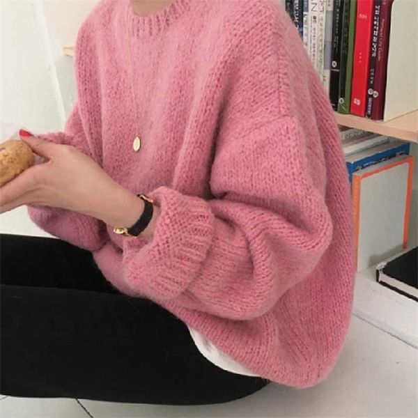 

10 colors pink women sweater pullover female knitting overszie long sleeve loose knitted outerwear womens winter sweaters 211103, White;black