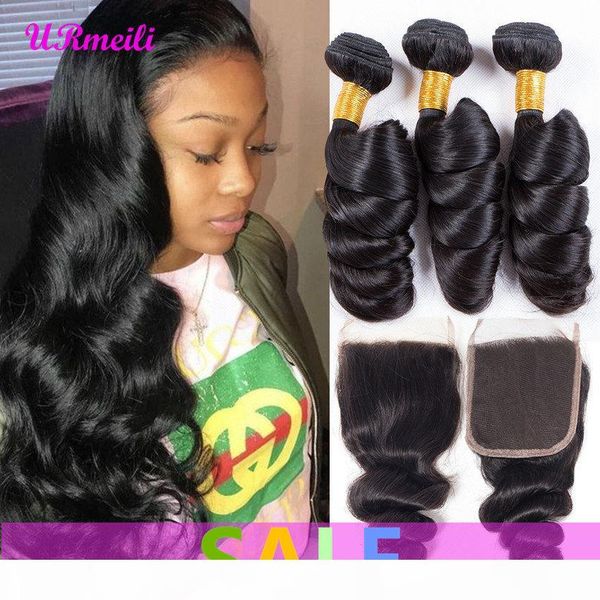 

loose wave human hair bundles with closure brazilian hair weave bundles with closure remy human hair 3 4 bundles with closure, Black;brown