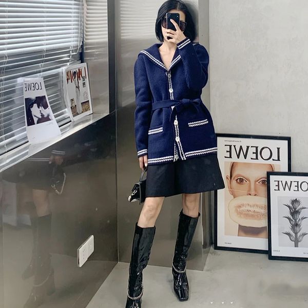 

women's jackets winter women fashion sweet blue sweater korean stitching large lapel cardigan knitted jacket coat clothing o7o0, Black;brown