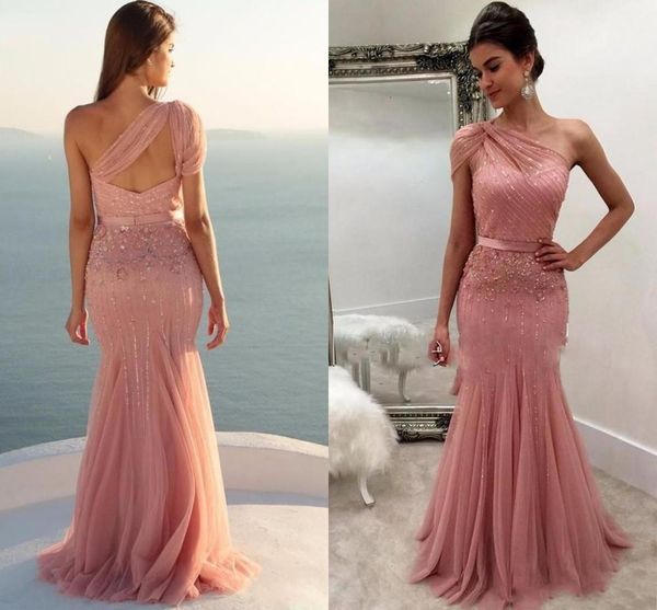 

2021 new one shoulder blush pink mermaid formal sequins beads prom party es evening gowns robe de soriee qc7j, Black;red