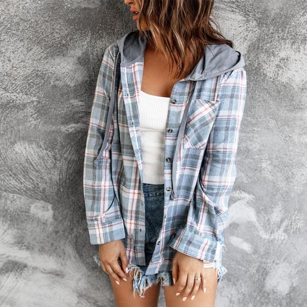 

women's jackets 2021 womens elegant plaid jacket with hood female button down outerwear coat casual long-sleeved manteau femme, Black;brown