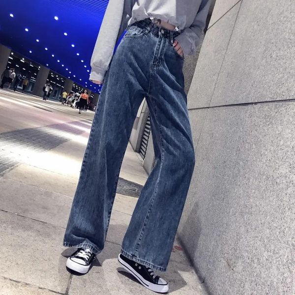 

women's jeans wide leg summer thin loose high waist woman cotton sashes, Blue