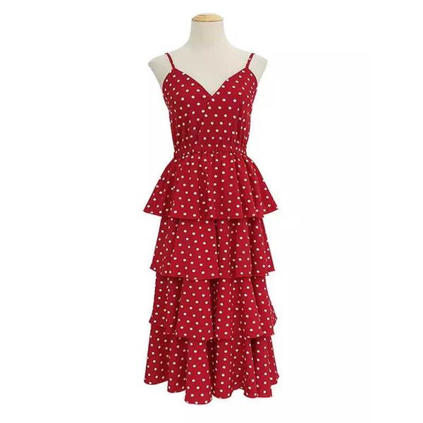 Belki U Beyaz Kırmızı Polka Dot Kayış Kolsuz V Boyun Fit ve Flare Basamaklı Fırfır Maxi Uzun Elbise İmparatorluğu Yaz D0708 210529