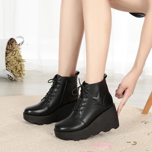 

boots 2021 genuine leather ankle comfort wedge heel warm winter woman lace-up star decoration office working casual shoes, Black