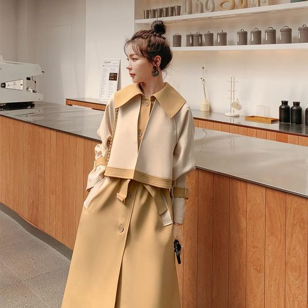 

women's trench coats brand ladies famous patchwork with belts chic oversized russian styel outerwear st160, Tan;black