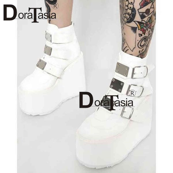 

doratasia 2020 brand new metal buckle ankle boots women fashion punk female high platform boots wedges high heels shoes woman k78, Black