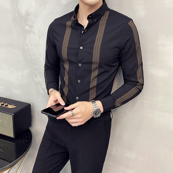 

men's casual shirts brand striped men shirs long sleeve slim fit business formal dress male social party office shirt camisa masculina, White;black