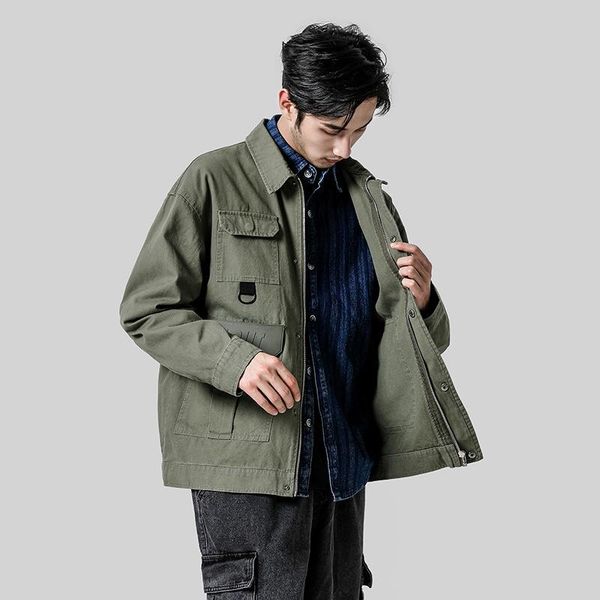 

2021 new style japanese-style popular brand coat men's autumn and winter labeling solid color fold-down collar loose-fit tooling, Black;brown