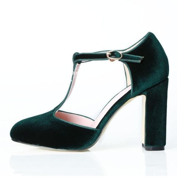 

dress shoes retro green heels women high t-strap velvet square heel pumps real po chunky ladies banquet, Black
