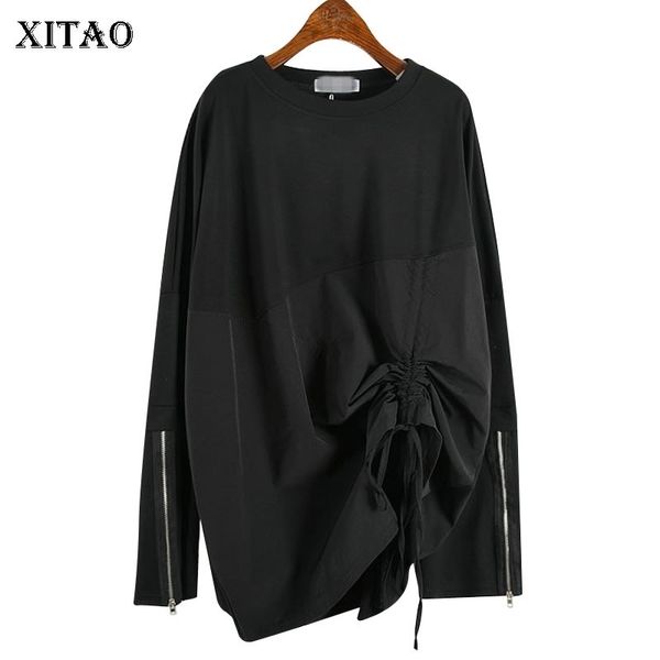 

xitao splice pleated plus size t shirt women harajuku zipper long sleeve women leisure tshirt fashion autumn new wld2857 210310, White