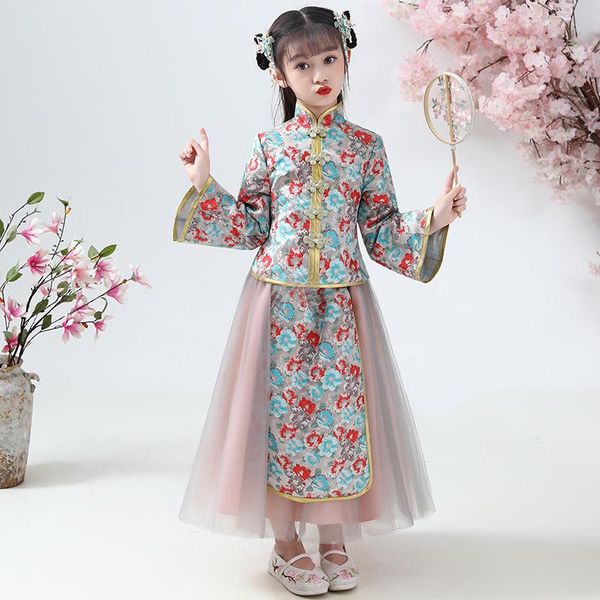 Kleidung Sets Herbst Winter Teenager Mädchen Set Cheongsam Kleid Chinesischen Stil Floral Handgemachte Stickerei Kinder Hanfu Blase Rock