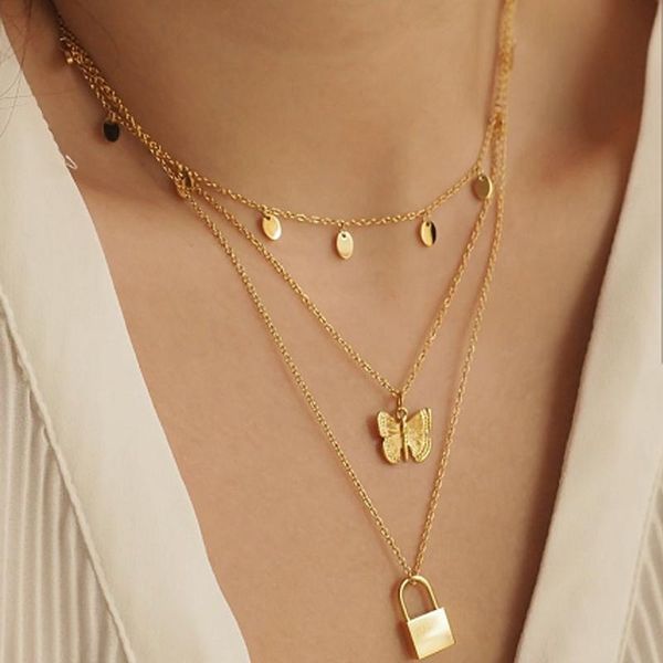 

pendant necklaces bohemian multi-layer butterfly necklace for women gold color alloy lock water chain choker, Silver