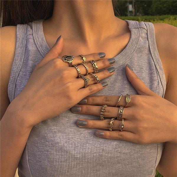 

european retro moon star leaf rings sets iron crystal eye heart open finger ring hollow out geometric multi element hand jewelry accessories, Golden;silver