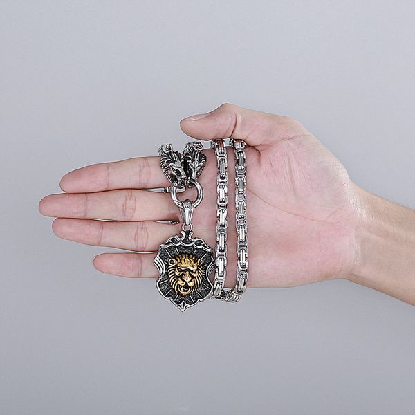 

men large stainless steel lion head biker pendant necklace double wolf king byzantine chain 6mm 28 inch silver