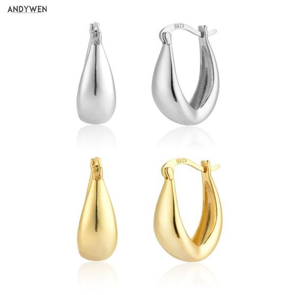 

hoop & huggie andywen 100% 925 sterling silver gold oval thick huggies circle women luxury fashion fine jewelry simple plain, Golden;silver