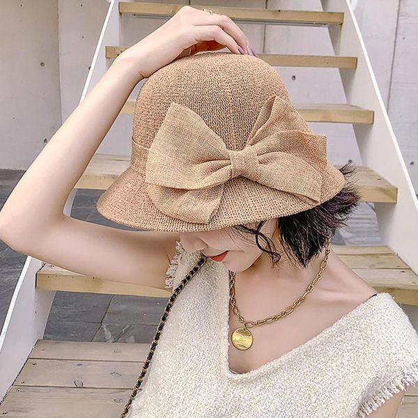 

wide brim hats big bows women bucket solid color summer outdoor beach sun hat elegant female fisherman caps, Blue;gray